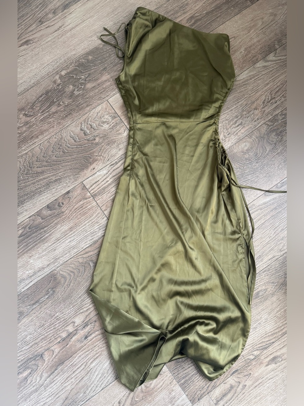 90. PrettyGarden Olive Green Satin Ruched Midi Dress Size Small